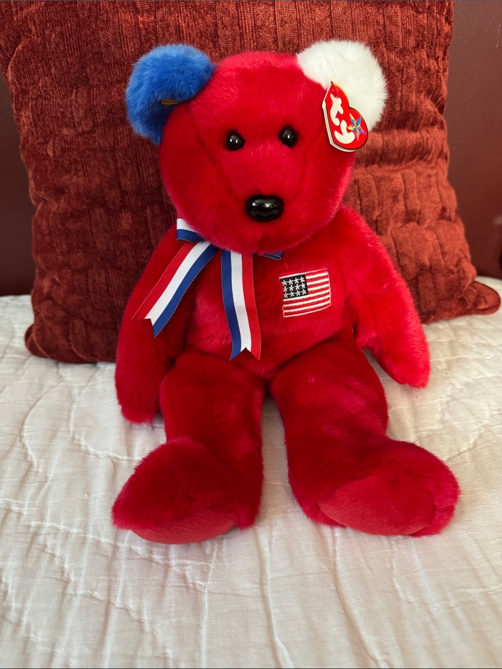 Ty Red Patriotic Bear Plush with Blue and White Ear Accents